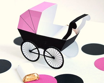 Baby Carriage Favor Box - Pink & Black : DIY Printable Baby Buggy Gift Box | Pram | Baby Girl | Baby Shower Favor - Instant Download