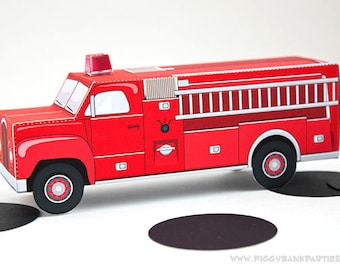 Rote Vintage Feuerwehrauto Geschenkbox: Print at Home Firetruck Geschenkbox | Feuerwehrmann Geburtstag | Feuerwehrmann | DIY digitale Datei - Sofort Download