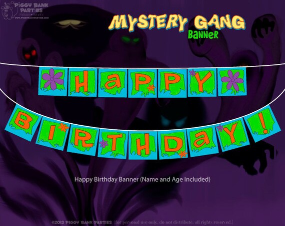 Mystery Gang Banner : Print at Home Happy Birthday Banner | Cartoon Detective | Mystery Van | 70s Van | DIY Printable | Digital File Il_570xn