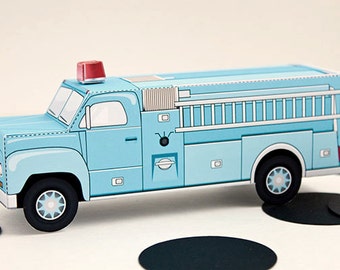 Vintage Fire Truck Favor Box - Baby Blue : DIY Printable Firetruck Gift Box | Fireman Birthday | Rescue | Firefighter - Instant Download