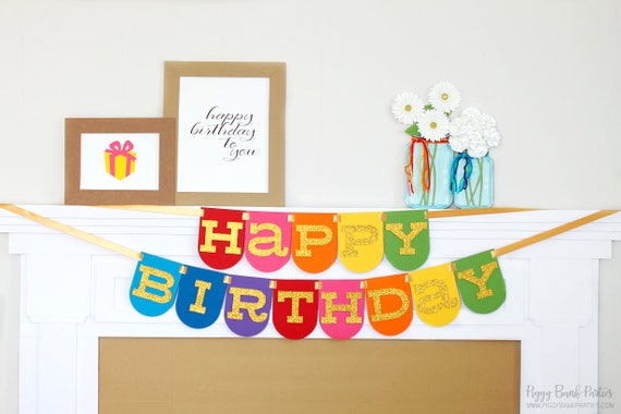 Rainbow Happy Birthday Panel Banner - Glittered Letters | Rainbow Party Decoration | Art Party | Rainbow Pony Garland | Troll Party Il_570xn