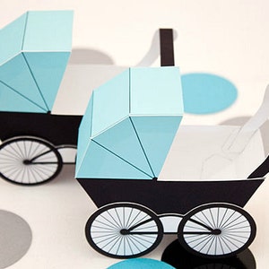 Baby Carriage Favor Box - Light Turquoise & Black : Print at Home Full-Color Template | Pram | Baby Buggy | Digital File | Instant Download
