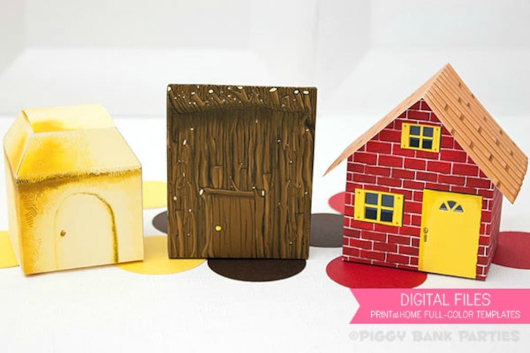 Three Little Pigs Brick, Stick and Straw House Favor Box Set Print at