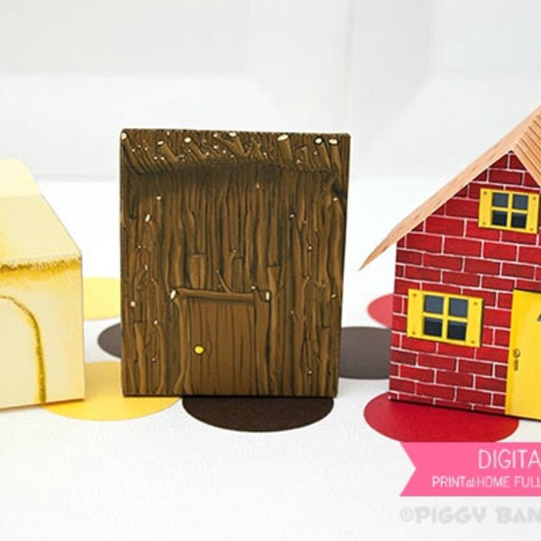 Three Little Pigs Brick, Stick and Straw House Favor Box Set : Print at Home Full-Color Template | 3 Little Pigs Gift Box - Instant Download