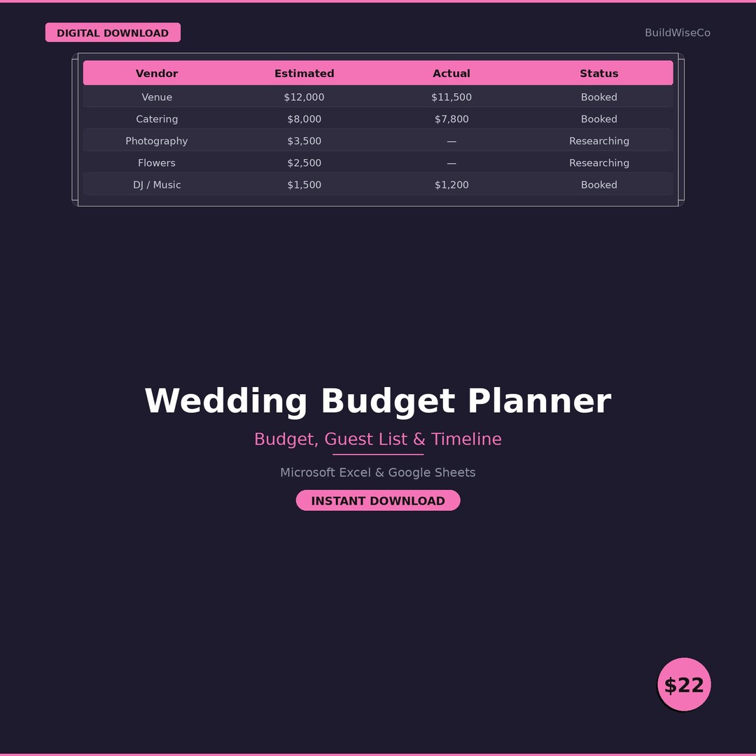 Wedding Budget Planner Spreadsheet Bride to Be Cost Tracker Expense ...