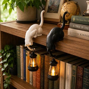 Cat Shelf Sitter Lamp with Mini Vintage Lantern, Halloween Black Cat Bookcase Statue, Dark Academia Bookshelf Decor, Gift for Cat Lover