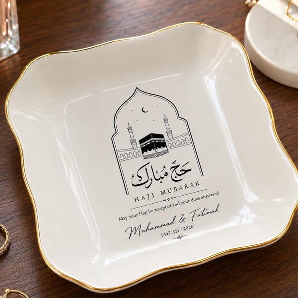 Plato personalizado para guardar objetos de Hajj Mubarak, plato personalizado para joyas de parejas islámicas, regalo conmemorativo de la peregrinación a La Meca, soporte para anillos de Umrah