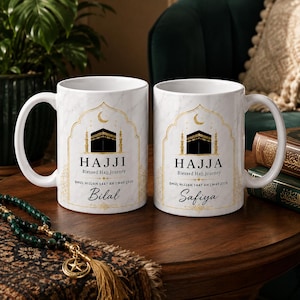 Personalized Hajj Mubarak Mug, Custom Hajji Hajja Coffee Cup, Kaaba Marble Islamic Gift for Couple, Blessed Hajj Journey Milestone Present