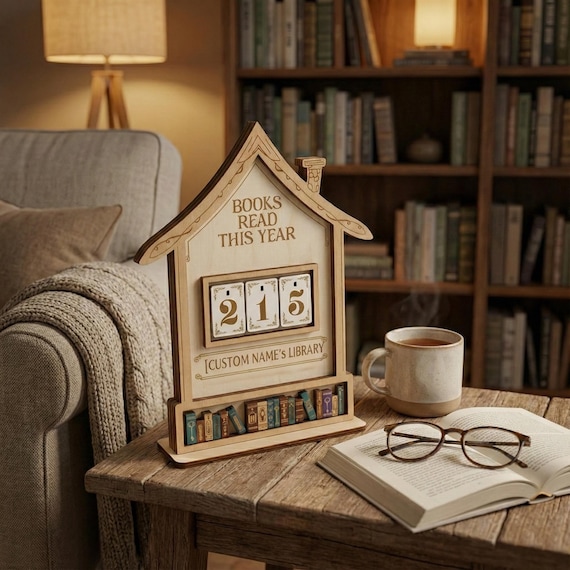 Custom Wooden Book Tracker - Personalized “Books Read This Year” Counter - House Design with Custom Name - Unique Gift for Book Lovers