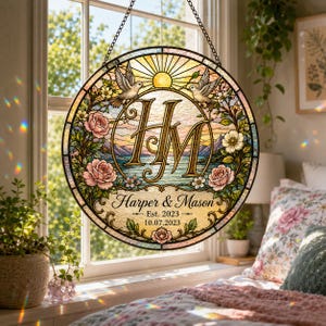 Personalized Wedding Stained Glass Suncatcher, Custom Monogram Initial Anniversary Gift, Bride Groom Keepsake, Couple Name Window Hanging