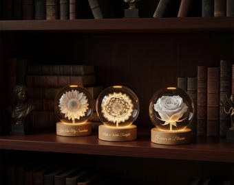 Floral Crystal Ball Night Light, Sunflower Dandelion Rose LED Globe Lamp, Romantic Gift Decor, Engraved Wooden Base Light