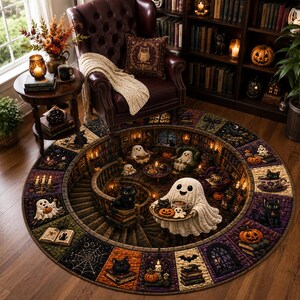 3D Ghost Library Optical Illusion Round Rug, Cute Ghost Tea Party Patchwork Carpet, Spooky Bookshelf Area Rug, Cozy Halloween Decor