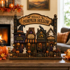 Könnte beinhalten: Ein dekoratives Halloween-Dorf-Display mit der Aufschrift Welcome to PUMPKIN HOLLOW, bestehend aus vier beleuchteten Läden: Pumpkin Potion Shop, Candy Cauldron, Raven Roost und Boo Mail. Die Struktur enthält Geister, einen Raben und Trick or Treat-Schilder.