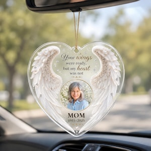Custom Photo Memorial Car Hanging Ornament, Personalized Loss of Mom Sympathy Gift, Angel Wings Car Charm In Loving Memory Mother Keepsake