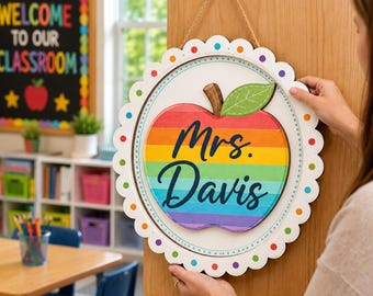 Custom Classroom Sign for Teacher, Rainbow Apple Teacher Door Hanger, Personalized Back to School Decor, Teacher Appreciation Gift Ideas