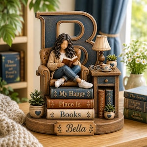 Könnte beinhalten: Eine dekorative Figur mit einem großen Buchstaben B, einer lesenden Person im Sessel und einem Beistelltisch. Der Sockel ist mit Bella beschriftet. Die gestapelten Bücher tragen die Aufschrift My Happy Place Is Books. Inklusive Lampe.
