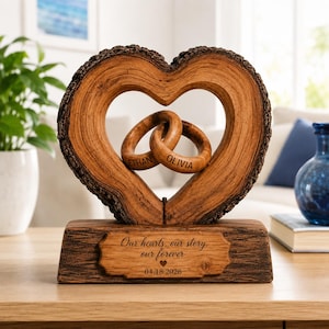 Personalized Wedding Anniversary Wood Gift, Custom Interlocking Rings Heart Sculpture, Romantic Couples Keepsake, Rustic Wood Carving Sign