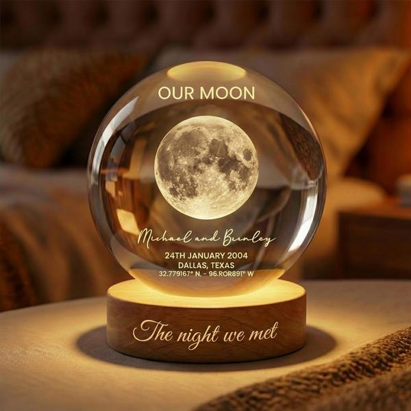 Our Moon Special Day Custom Moon Phase, Personalized Crystal Ball LED Night Light, Valentine's Day Gift For Couple, Husband, Boyfriend, Wife