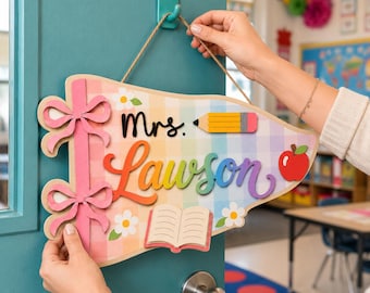 Custom Teacher Pennant Flag Sign, Pencil And Apple Classroom Name Plate, Personalized Teacher Appreciation Door Hanger, Back to School Gift