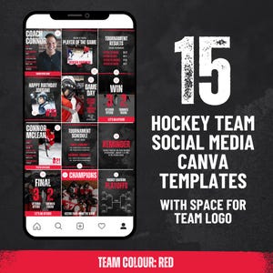 Może przedstawiać: Smartfon wyświetla 15 szablonów Canva dla mediów społecznościowych drużyny hokejowej. Szablony są czerwono-czarne, z miejscem na logo drużyny. Obraz zawiera przykłady grafik z dnia meczu i wyników turnieju.