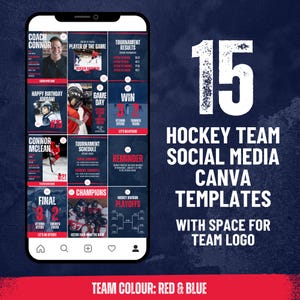 Może przedstawiać: Smartfon wyświetla 15 szablonów Canva do mediów społecznościowych dla drużyny hokejowej. Szablony są czerwone i niebieskie, z miejscem na logo drużyny. Ekran pokazuje różne grafiki i tekst związane z hokejem.