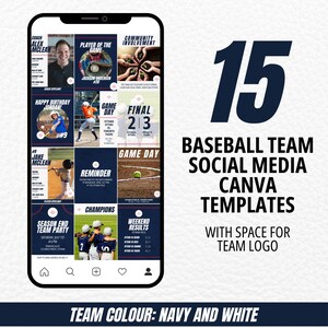 May include: Fifteen social media Canva templates for a baseball team, with space for a team logo. The templates are in navy blue and white with images of baseball players, baseballs, and game day information.