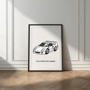 Ferrari F40 Wall Art - Stampa motivazionale - Decorazione per ufficio e garage - Auto da sogno - Auto da corsa - Stile cartone animato - Arte minimalista - Modern Wallart