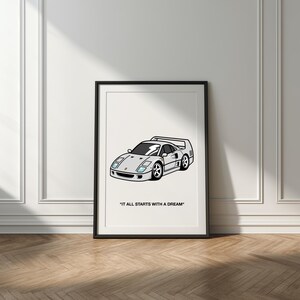 Ferrari F40 Wall Art - Stampa motivazionale - Decorazione per ufficio e garage - Auto da sogno - Auto da corsa - Stile cartone animato - Arte minimalista - Modern Wallart