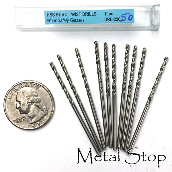 10 Twist Drill bits for jewelry making. Use these steel bits with your flex shaft or rotary drill. Size 50, 51, 52, 54, 55, 56, 60 & 65