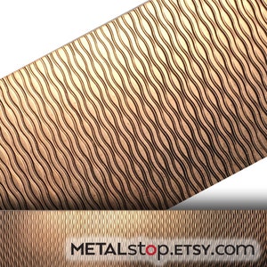 May include: A close-up of a copper-toned metal sheet featuring a repeating wavy design. The surface has a textured finish with vertical, flowing lines. The Etsy shop name, METALstop.ETSY.com, is displayed at the bottom of the image.