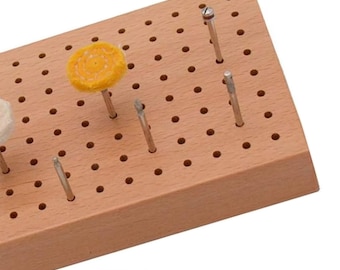 Wooden Bur Rotary Tool Desktop Organizer Holder Block With 88 Holes, 5-7/5" x 4" Inches x 2" high (back) tapers to 1.25" (front)