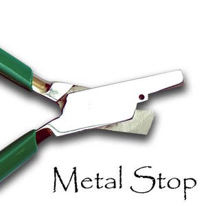 May include: Green handled metal pliers with a flat, angled jaw. The pliers are designed to crimp metal wire.