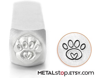 Paw Print with tiny Heart Metal Design Stamp Tool 6mm Impressart for soft metals jewelry making tool to create animal themed jewelry