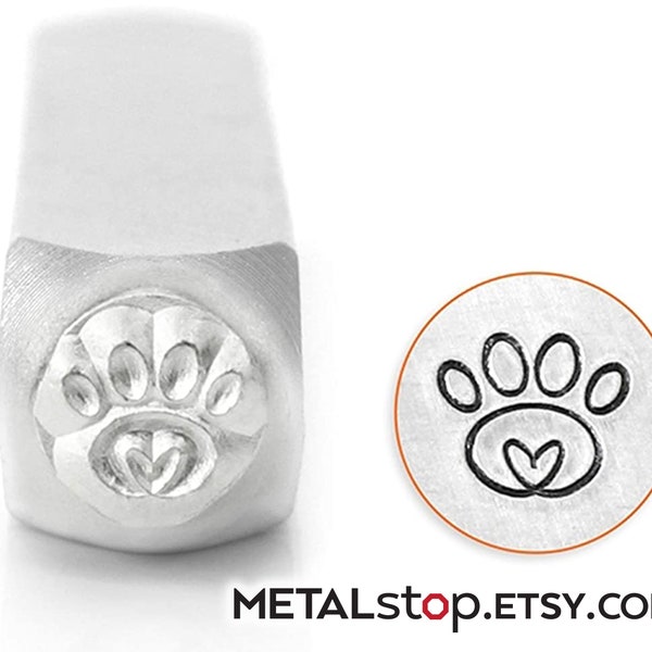 Paw Print with tiny Heart Metal Design Stamp Tool 6mm Impressart for soft metals jewelry making tool to create animal themed jewelry