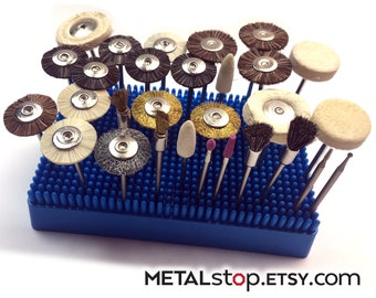 30 Piece Rotary Tool Accessory Kit with holder & variety of brushes, buffs, aluminum oxide points, high speed steel burs and felt bobs