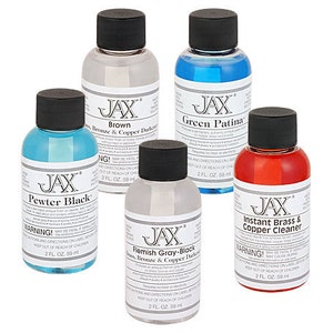 Metal Patina Kit. Set of 5 JAX Products. Jax Green, Jax Brown, Jax Instant Brass and Copper Cleaner, Pewter Black and Jax Flemish Grey-Black