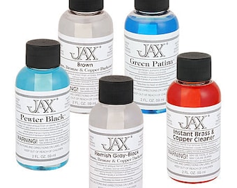 Metal Patina Kit. Set of 5 JAX Products. Jax Green, Jax Brown, Jax Instant Brass and Copper Cleaner, Pewter Black and Jax Flemish Grey-Black