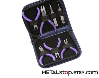 7 piece miniature purple plier set with purple leatherette carrying case