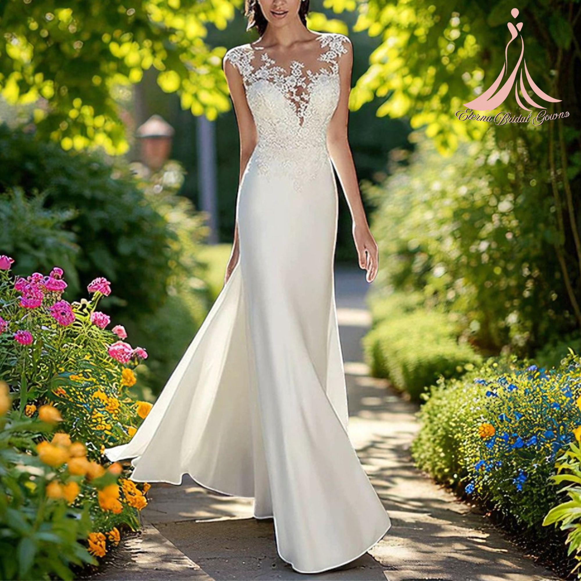 Lace Wedding Dress Illusion Back Bridal Gown With Train Sheer Neckline Long Sleeve Lace Appliqué Floor Length Elegant Dress
