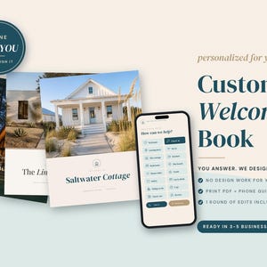 May include: A custom welcome book for rentals featuring a smartphone displaying a digital guide, alongside printed cover designs for properties like Saltwater Cottage and Pine Ridge. The text includes Custom Welcome Book and Done For You.
