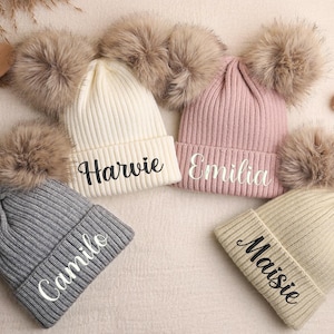 Gorro personalizado, gorro con nombre para niño, gorro para bebé, gorro para recién nacido, regalo para baby shower, gorro con doble pompón, gorro marrón de fibra natural para bebé, regalo de Navidad.