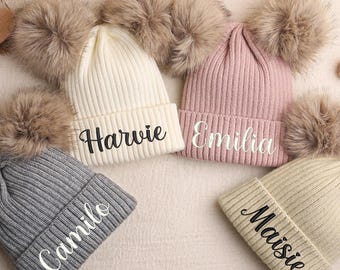 Personalized Hat,Kids Name Hat,Toddler Hat,Newborn Hat,Baby Shower Gift,Double Pom Beanie,Natural Fiber Brown Baby Beanie,Christmas Gift