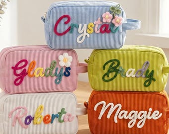 Étui à crayons personnalisé en velours côtelé pour enfants, cadeau de rentrée avec prénom personnalisé, trousse à crayons monogramme, pochette de fournitures scolaires pour étudiant