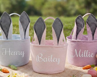 Personalized Seersucker Easter Basket, Embroidered Name, Bunny Ear Basket, Floppy Ears, Kids Easter Gift, Easter Egg Hunt Basket, Reusable