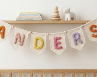 Guirnalda de letras de hilo personalizadas, decoración infantil hecha a mano, guirnalda bordada con hilo, guirnalda con el nombre del bebé, regalo para baby shower de recién nacido