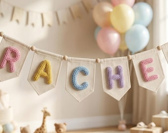 Personalized Yarn Letter Canvas Banner,Handmade Nursery Decor,Yarn Embroidered Banner,Baby Name Garland,Newborn Baby Shower Gift
