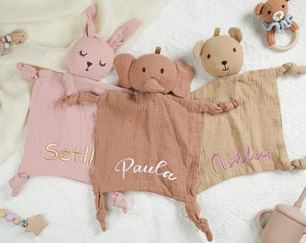 Edredón de seguridad bordado personalizado, regalo personalizado para recién nacidos, edredón para bebé, edredón de muselina, conejito de peluche, regalos para mamás primerizas.
