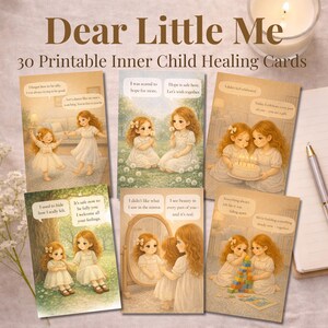 May include: A collection of "Dear Little Me" inner child healing cards. The cards feature watercolor illustrations of two young girls in various scenes, with inspirational quotes. The text on the cards includes phrases like "I used to hide how I really felt."