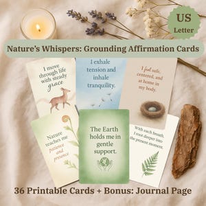 Nature's Whispers Aardingsbevestigingskaarten – US Letter- 36 afdrukbare zelfzorgkaarten + dagboekbonus, mindfulnesscadeau, direct downloaden