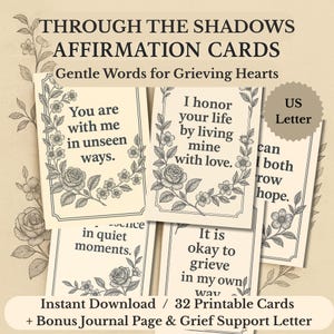 Tarjetas de afirmación de duelo imprimibles "A través de las sombras" | Carta de EE. UU. / Regalo de condolencia / Sanación después de una pérdida / Baraja de apoyo para un duelo suave